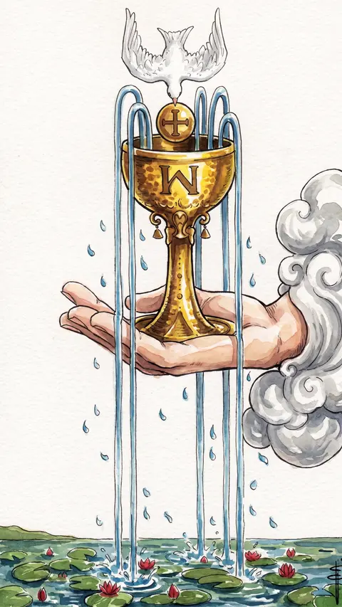 Hand emerges from a cloud, holding a cup overflowing with five streams of water.