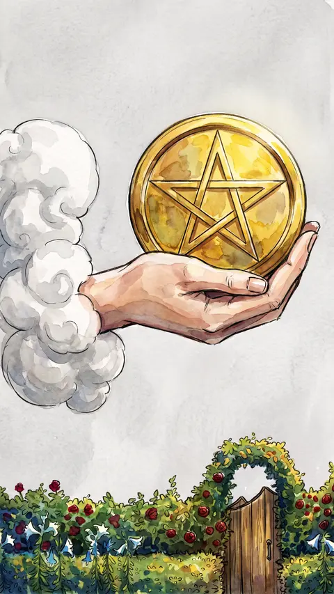 Hand emerges from a cloud, holding up a large gold pentacle above a garden.