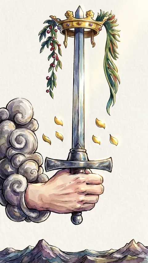 Hand emerges from a cloud, gripping an upright sword topped with a crown.