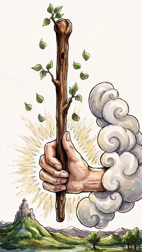 Hand emerging from a cloud holds a sprouting wand, a castle in the distance.