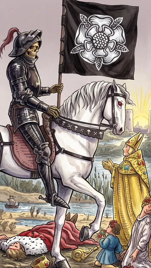 Skeleton in black armor rides a white horse, carrying a banner with a white rose.