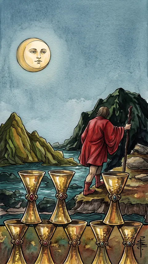 Cloaked figure walks away from eight stacked cups, under a moon, toward the mountains.