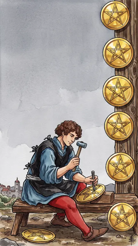 Craftsman sits carving pentacles one by one, finished coins hanging on a post.