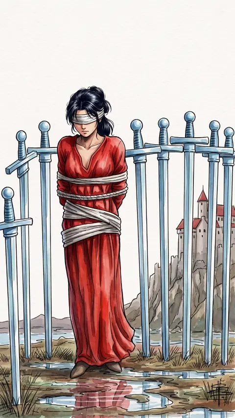 Bound and blindfolded woman stands trapped among eight swords planted in the ground.
