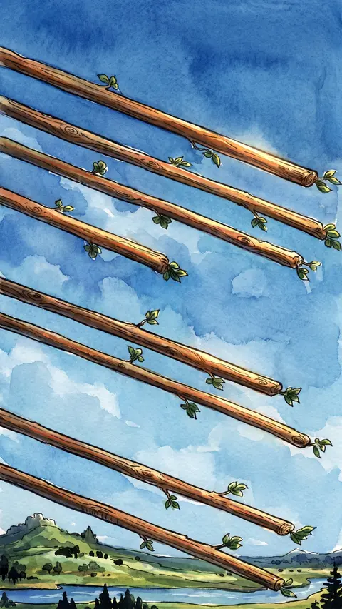 Eight wands fly through a clear sky over open countryside and a winding river below.