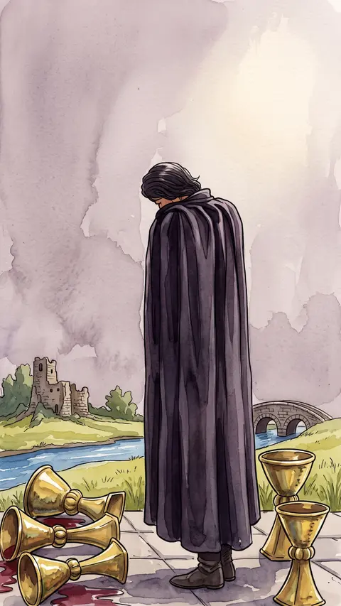 Cloaked figure mourns before three spilled cups, two cups still standing behind him.