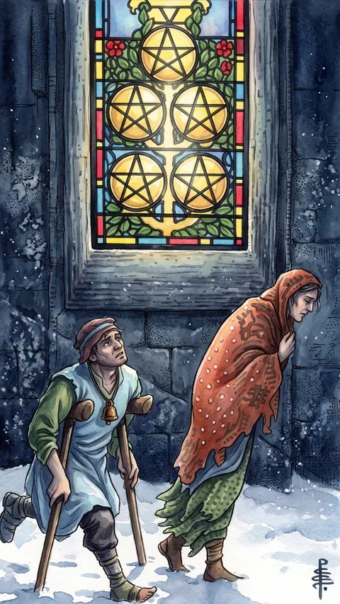 Two ragged, barefoot figures trudge through snow past a lit stained-glass window.