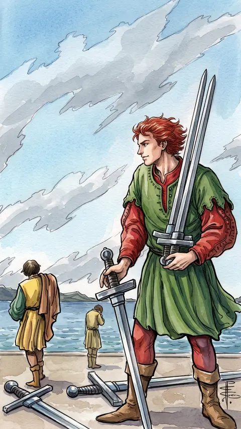 Smirking man gathers swords while two defeated figures walk away in the distance.