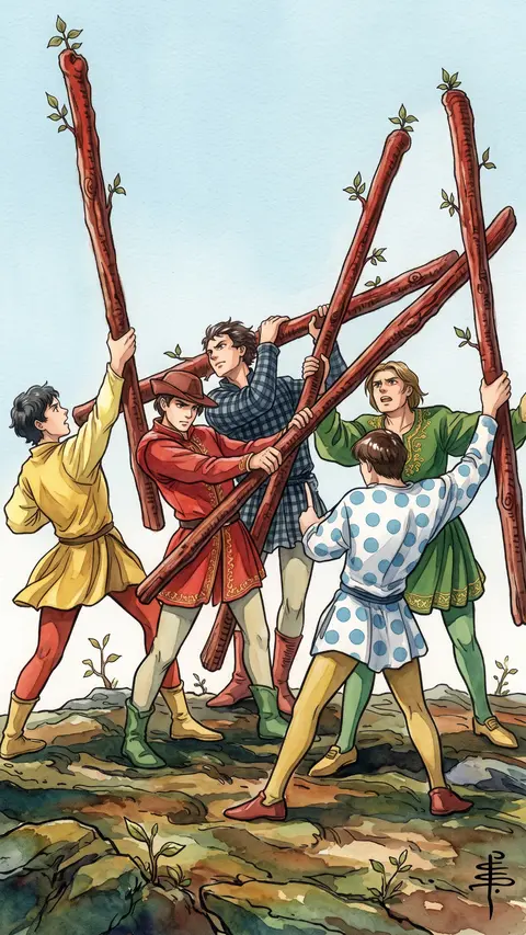 Five young men clash together, each brandishing a wand in a chaotic mock struggle.