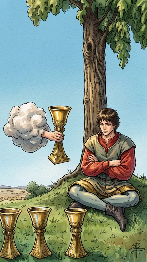 Young man sits under a tree, arms crossed, ignoring a cup offered from above.