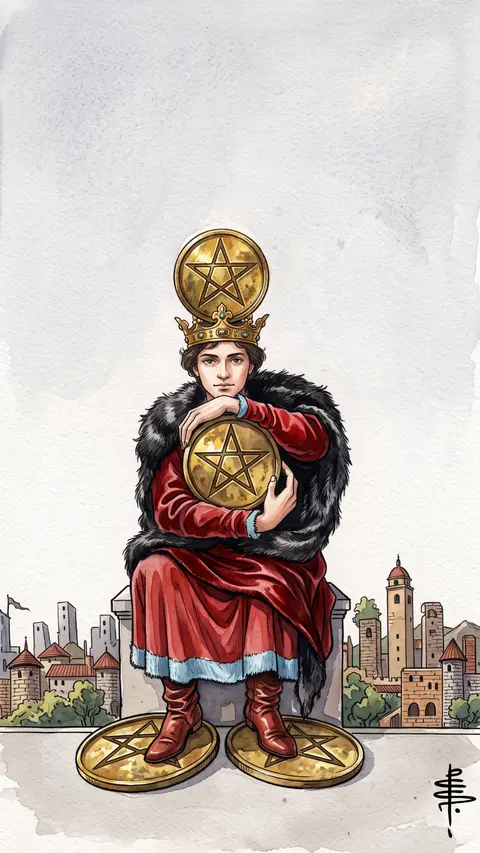 Crowned figure clutches a pentacle to his chest, one under each foot.