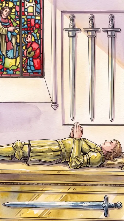 Knight lies in effigy on a tomb, hands folded, three swords mounted above him.