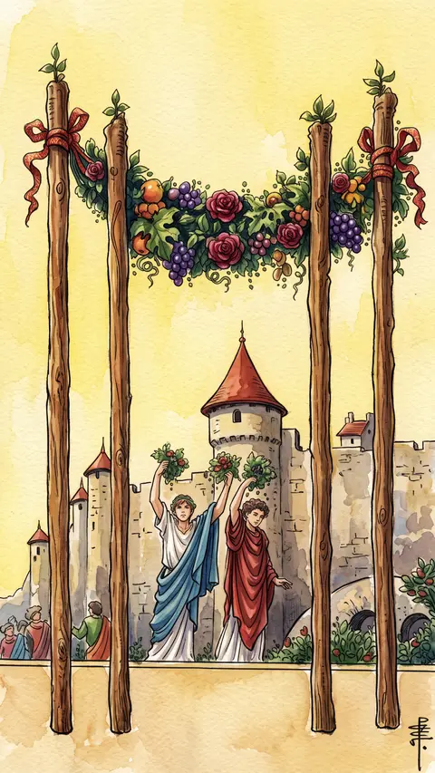 Four wands hold up a garland canopy, two figures celebrating below near a distant castle.