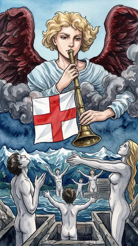Angel blows a trumpet from the clouds as people rise from open graves below.