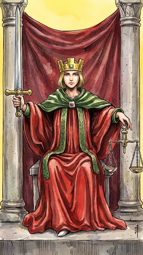 Crowned woman enthroned between two pillars, holding an upright sword and a set of scales.