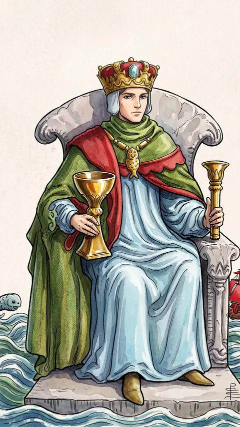 King sits enthroned on a rough sea, holding a golden cup and a scepter.