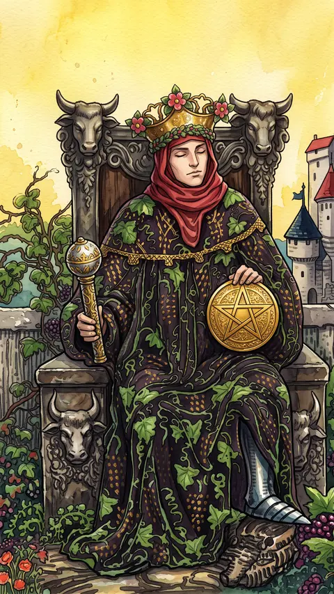 King sits enthroned among grapevines, holding a scepter and a pentacle, castle behind.