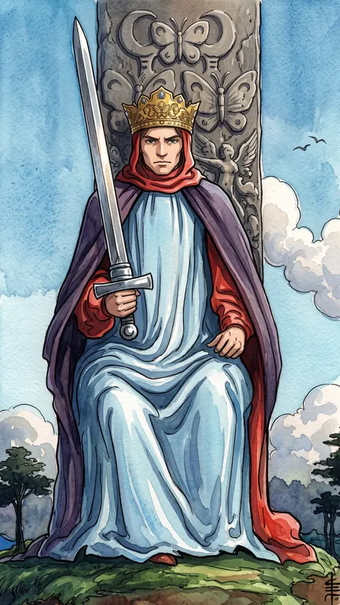 King sits enthroned, sword upright in hand, birds flying in the sky behind him.