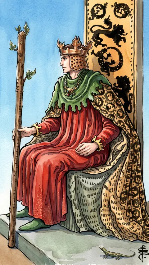 King sits enthroned among carved lions and salamanders, holding a flowering wooden wand.