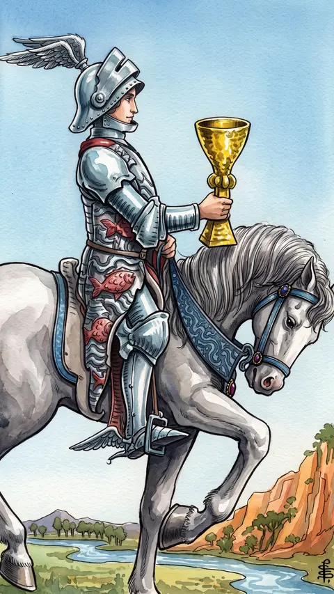 Armored knight rides slowly beside a river, holding out a cup before him.