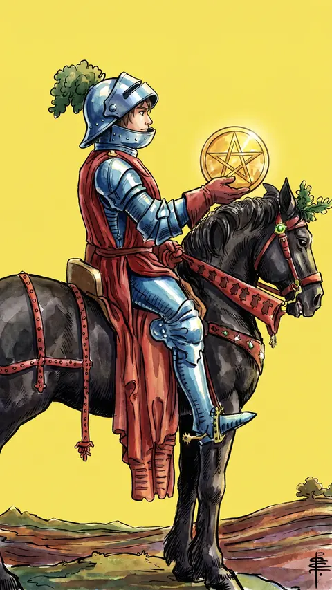 Armored knight sits still on a black horse in a freshly plowed field.