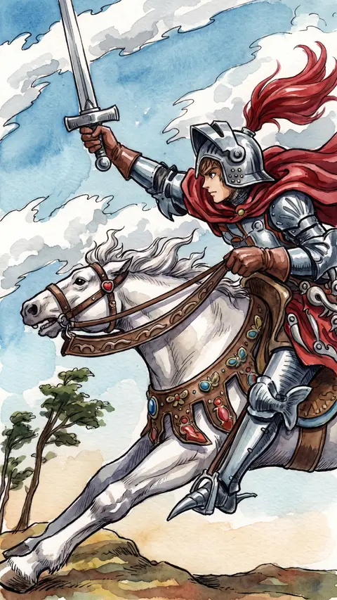 Armored knight charges forward on a galloping horse, sword raised high against a storm.