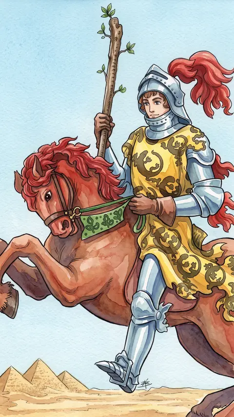 Armored knight on a rearing horse charges through the desert, wand held in hand.