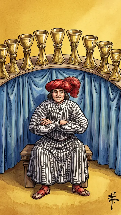 Satisfied man sits with arms crossed before nine cups arranged on a curved shelf.