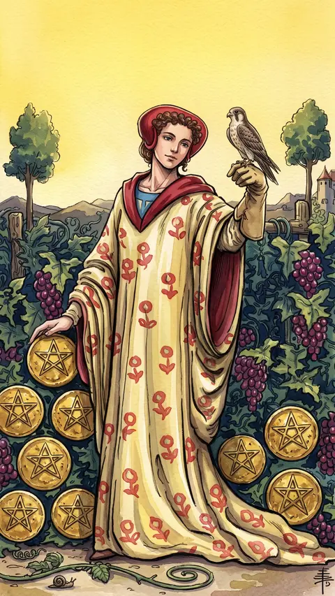 Woman stands alone in a vineyard, a hooded falcon perched on her gloved hand.