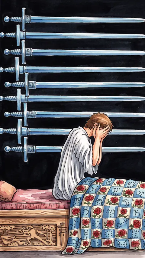 Figure sits up in bed, head in hands, nine swords mounted on the wall.