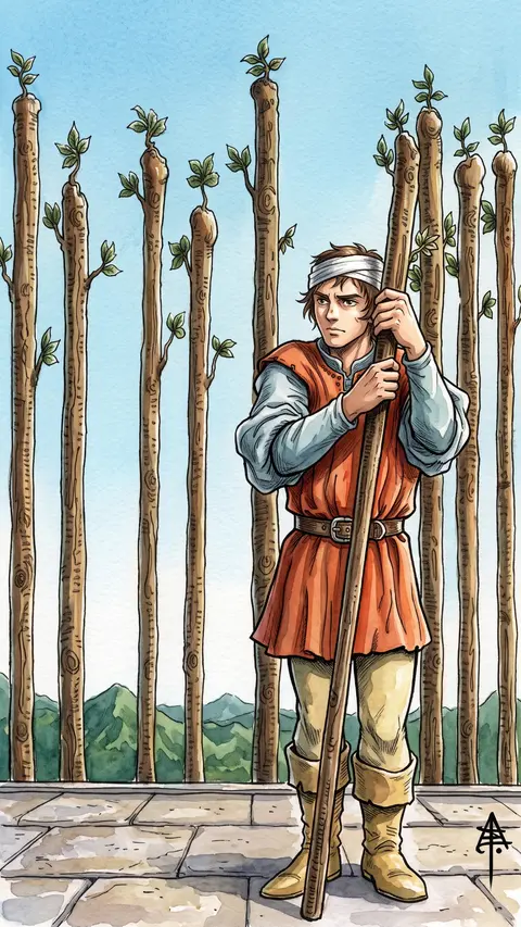 Wary man leans on a wand, eight more standing behind him like a fence.