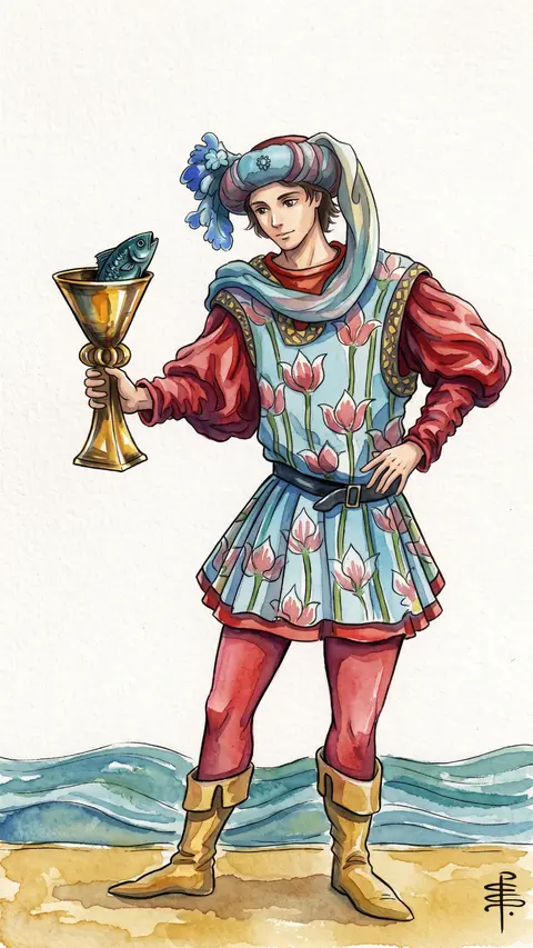 Young man stands by the sea, holding up a cup with a fish inside.
