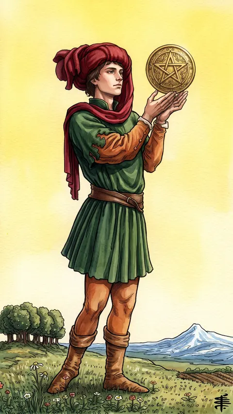 Young man stands in a green field, holding up a pentacle, studying it closely.