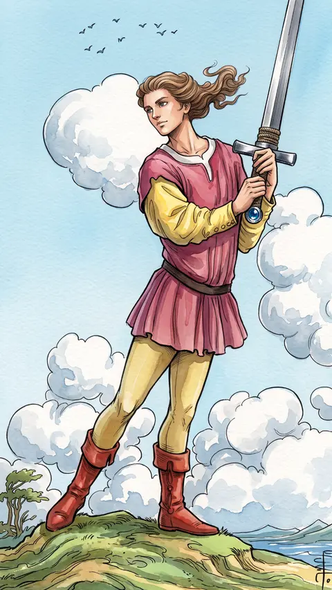 Young figure stands on windswept ground, sword raised, clouds racing overhead.