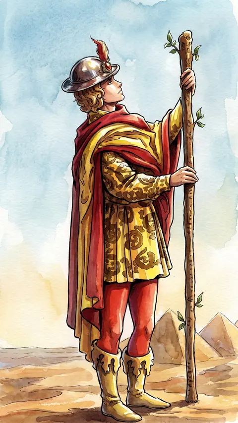 Young man in a desert holds an upright, budding wand, pyramids rising behind him.
