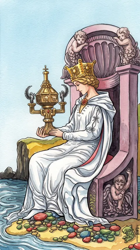 Queen sits at the water's edge, gazing at an ornate, closed golden cup.