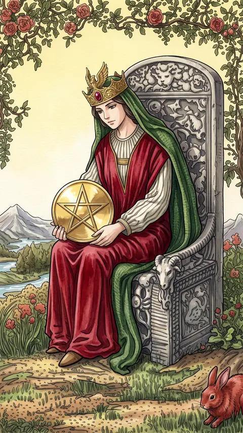 Queen sits on a garden throne, cradling a pentacle in her lap.