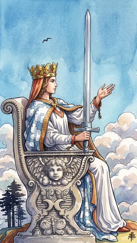 Stern queen sits enthroned among clouds, one hand raised, holding an upright sword.