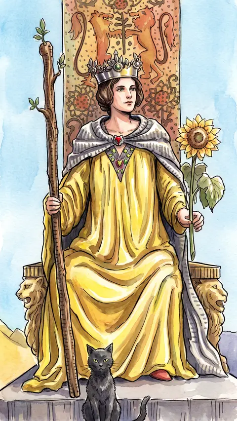 Queen sits enthroned among lions and sunflowers, a black cat resting at her feet.