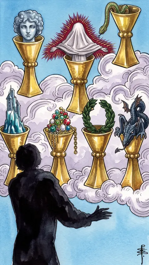 Man gazes at seven cups floating in clouds, each holding a different strange vision.