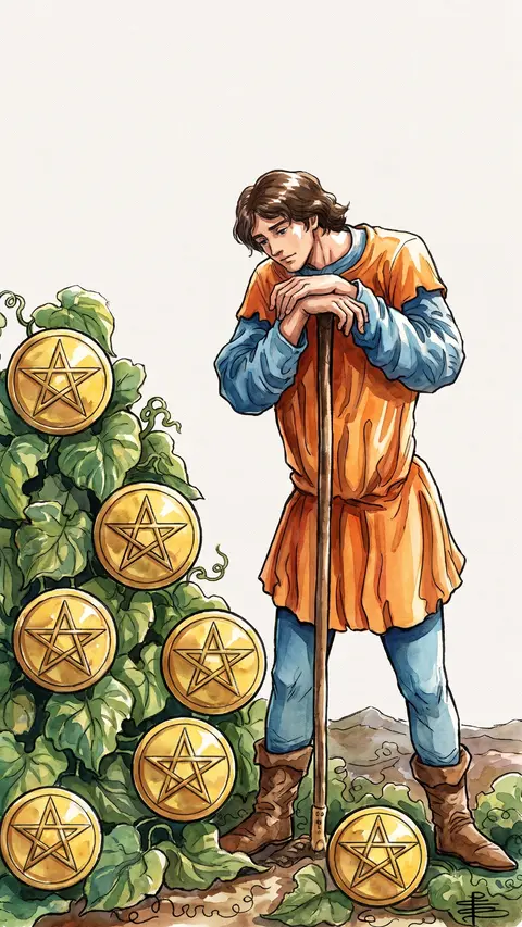 Weary farmer leans on his hoe, studying a bush heavy with seven pentacles.