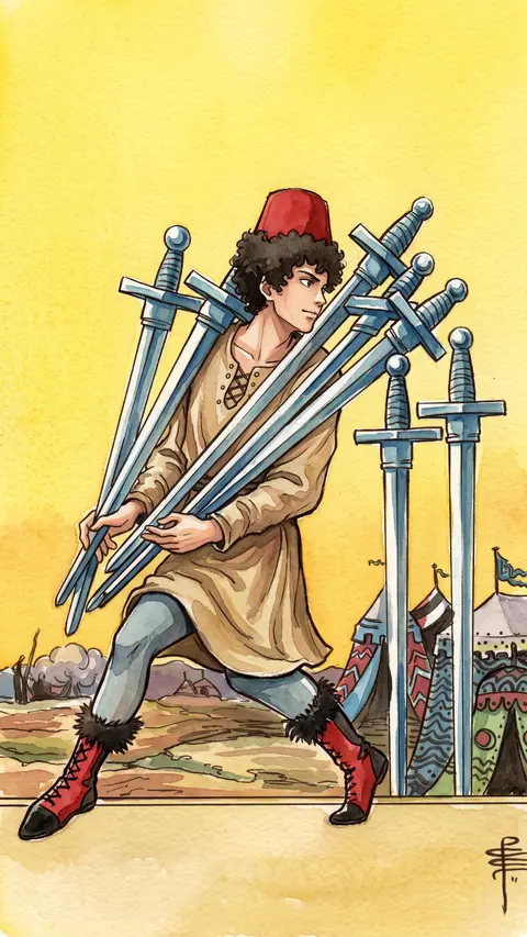 Man sneaks away from a camp, carrying five stolen swords, glancing back nervously.