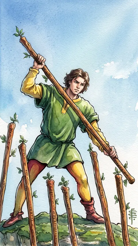 Man on high ground fends off six wands attacking from below with his own.