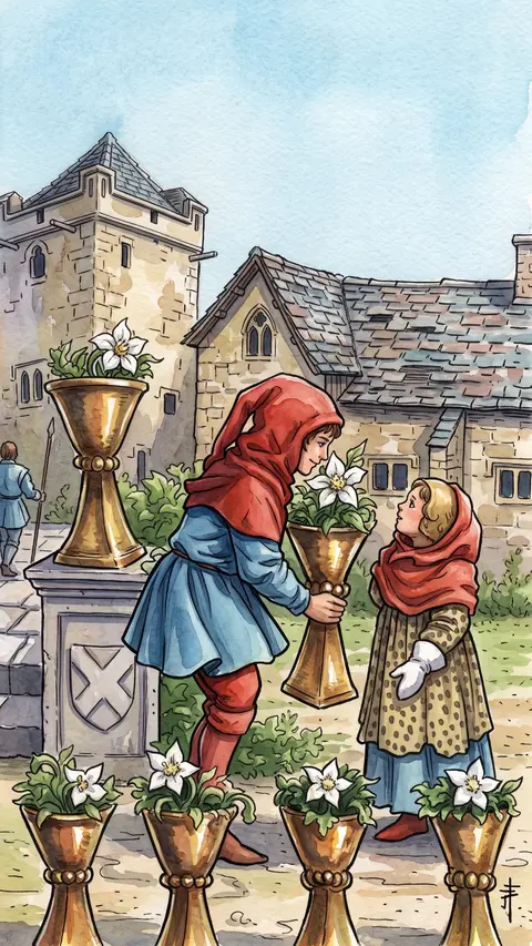 Child hands a flower-filled cup to another child in an old garden courtyard.