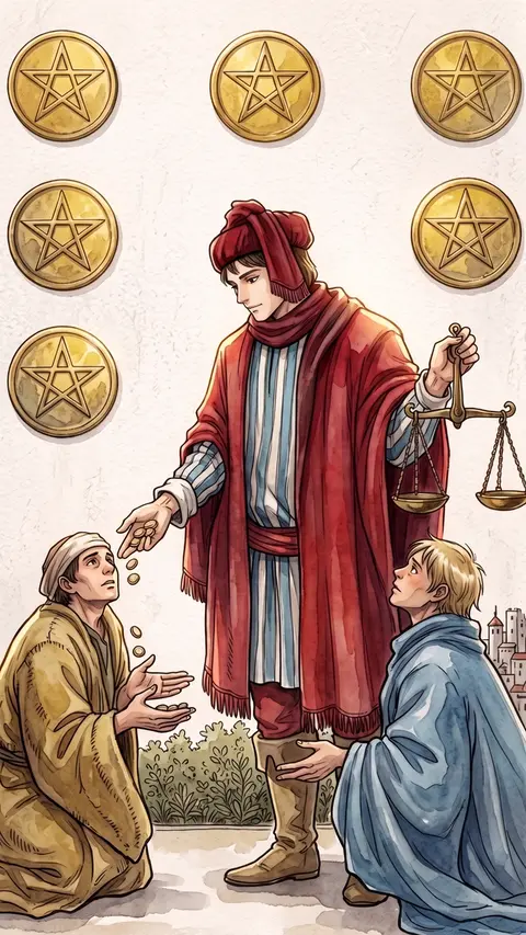 Merchant hands coins to two kneeling beggars, holding a scale in his other hand.