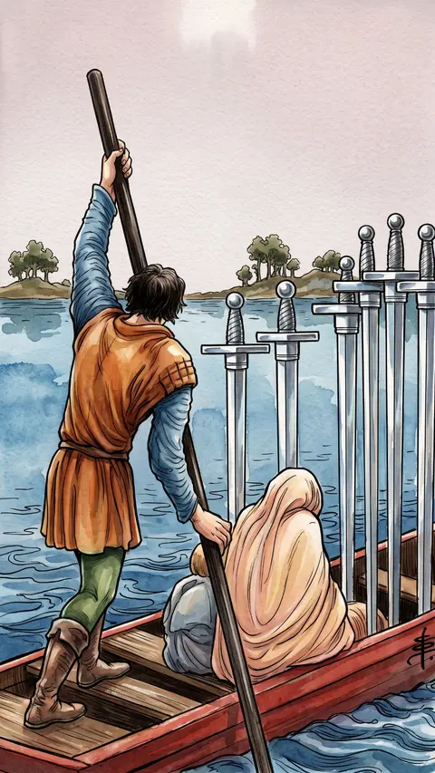 Ferryman poles a boat carrying a cloaked woman and child, six swords upright inside.