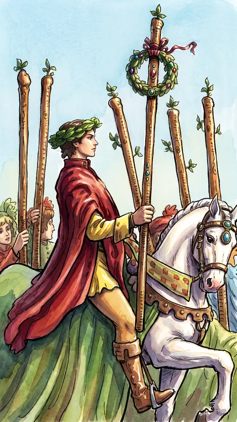 Rider on a white horse carries a laurel-crowned wand, others walking alongside him.