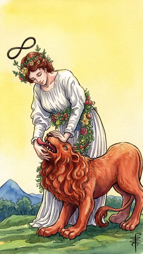 Woman in white robe rests her hands on a lion's jaws, a lemniscate above her head.
