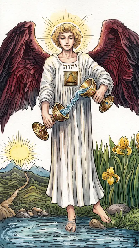 Winged figure pours liquid between two cups, one foot on land, one in water.