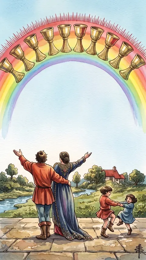 Couple raise their arms beneath a rainbow of ten cups, children dancing nearby.